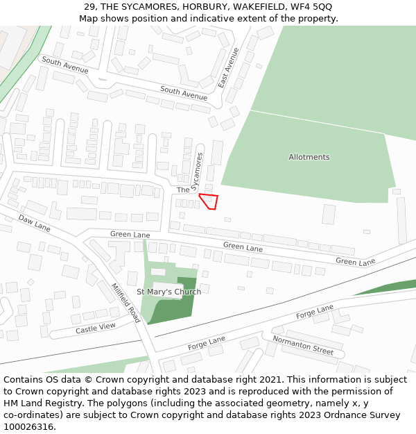 29, THE SYCAMORES, HORBURY, WAKEFIELD, WF4 5QQ: Location map and indicative extent of plot