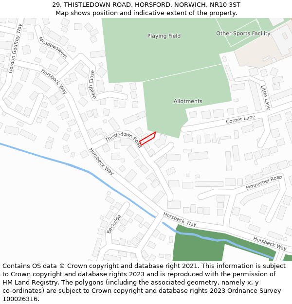 29, THISTLEDOWN ROAD, HORSFORD, NORWICH, NR10 3ST: Location map and indicative extent of plot