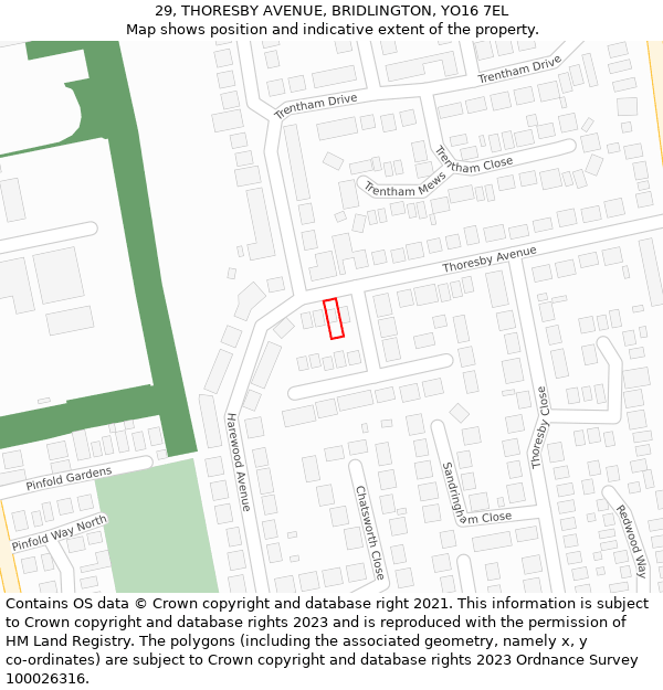 29, THORESBY AVENUE, BRIDLINGTON, YO16 7EL: Location map and indicative extent of plot