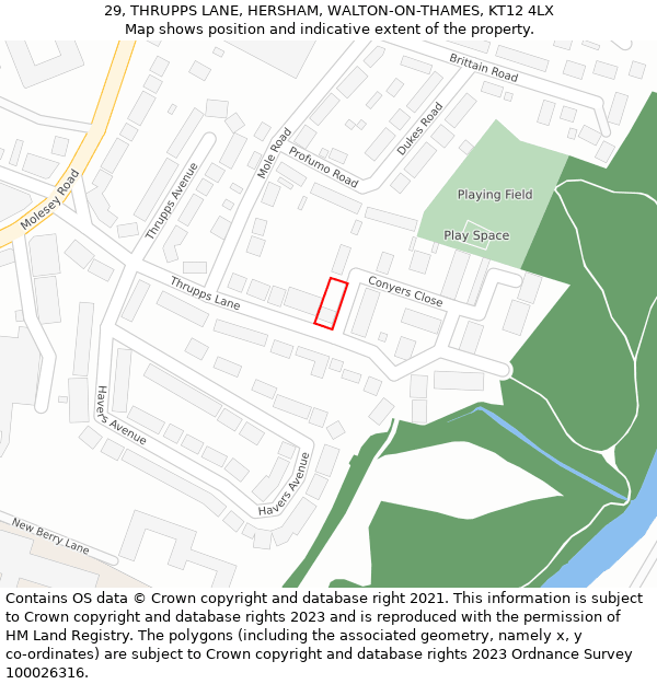 29, THRUPPS LANE, HERSHAM, WALTON-ON-THAMES, KT12 4LX: Location map and indicative extent of plot