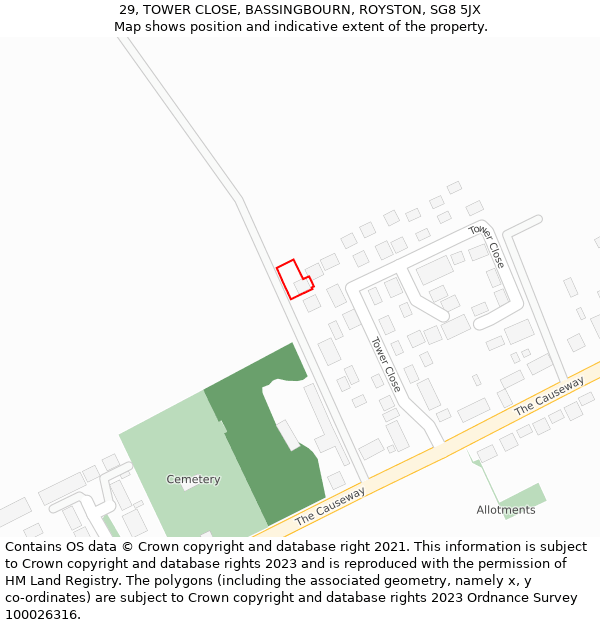 29, TOWER CLOSE, BASSINGBOURN, ROYSTON, SG8 5JX: Location map and indicative extent of plot