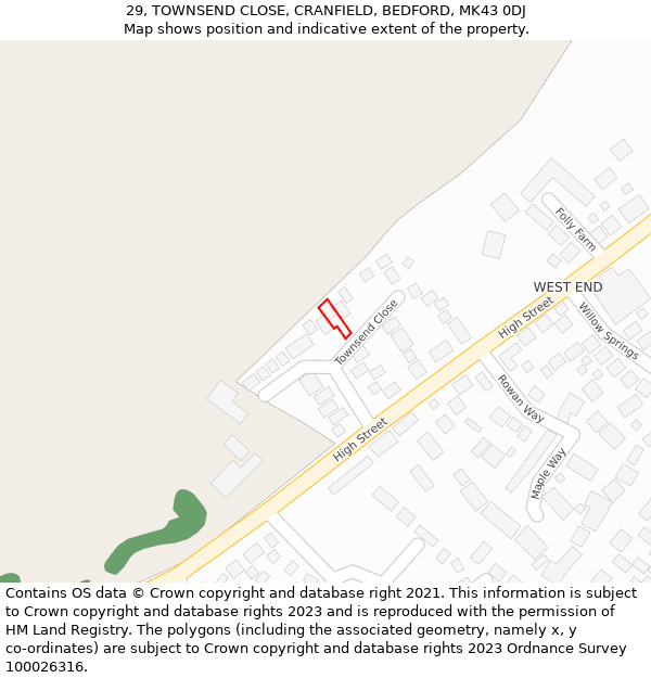 29, TOWNSEND CLOSE, CRANFIELD, BEDFORD, MK43 0DJ: Location map and indicative extent of plot