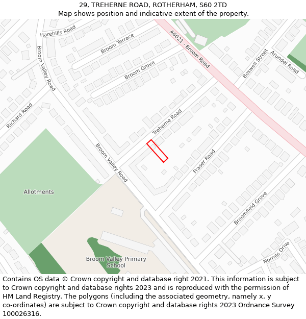 29, TREHERNE ROAD, ROTHERHAM, S60 2TD: Location map and indicative extent of plot