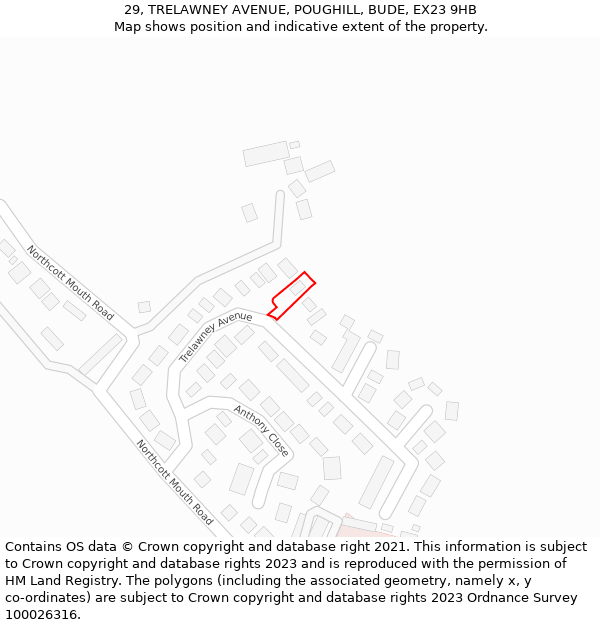 29, TRELAWNEY AVENUE, POUGHILL, BUDE, EX23 9HB: Location map and indicative extent of plot