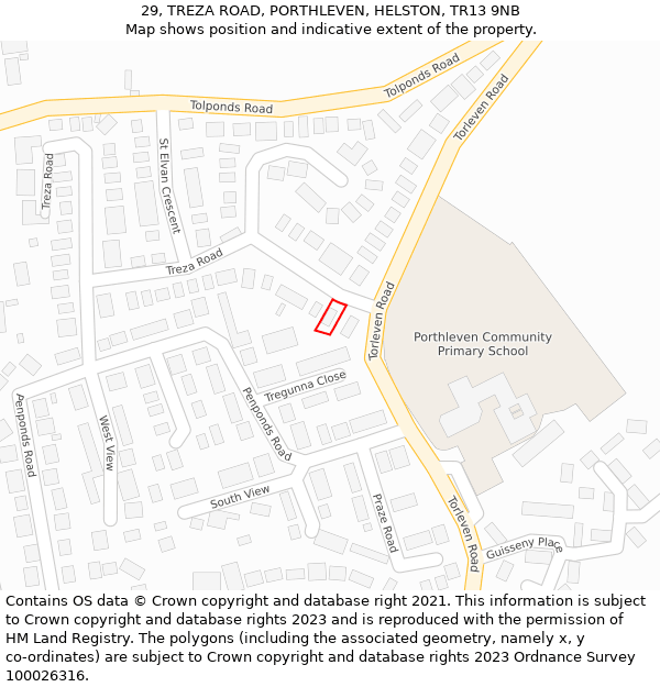 29, TREZA ROAD, PORTHLEVEN, HELSTON, TR13 9NB: Location map and indicative extent of plot