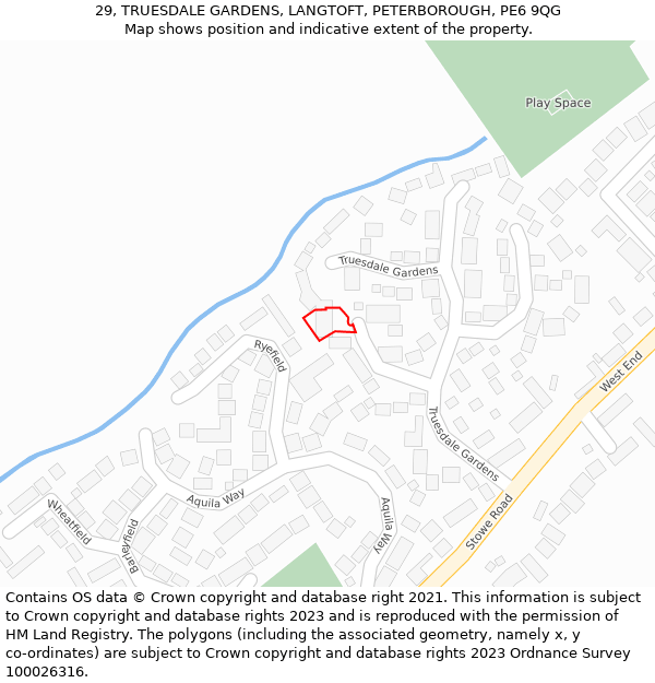 29, TRUESDALE GARDENS, LANGTOFT, PETERBOROUGH, PE6 9QG: Location map and indicative extent of plot