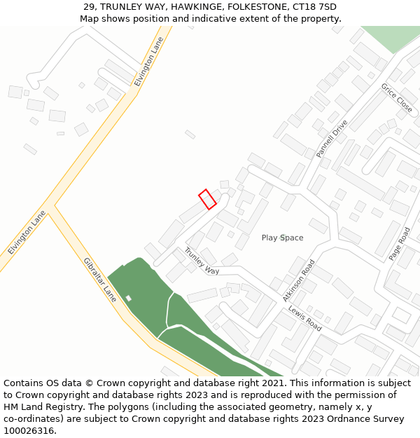 29, TRUNLEY WAY, HAWKINGE, FOLKESTONE, CT18 7SD: Location map and indicative extent of plot