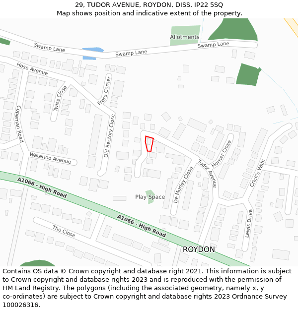 29, TUDOR AVENUE, ROYDON, DISS, IP22 5SQ: Location map and indicative extent of plot