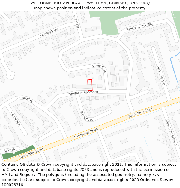 29, TURNBERRY APPROACH, WALTHAM, GRIMSBY, DN37 0UQ: Location map and indicative extent of plot