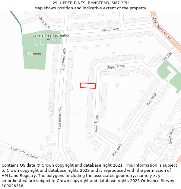 29, UPPER PINES, BANSTEAD, SM7 3PU: Location map and indicative extent of plot