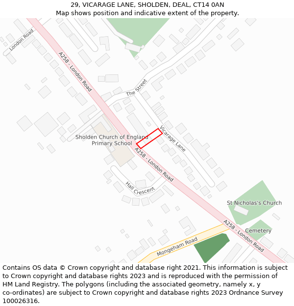 29, VICARAGE LANE, SHOLDEN, DEAL, CT14 0AN: Location map and indicative extent of plot