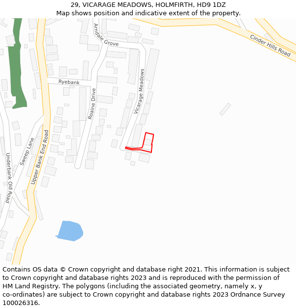 29, VICARAGE MEADOWS, HOLMFIRTH, HD9 1DZ: Location map and indicative extent of plot