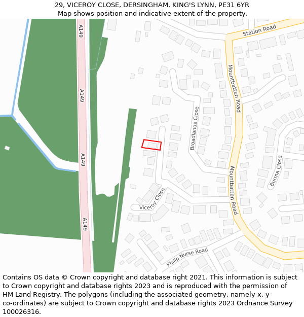 29, VICEROY CLOSE, DERSINGHAM, KING'S LYNN, PE31 6YR: Location map and indicative extent of plot
