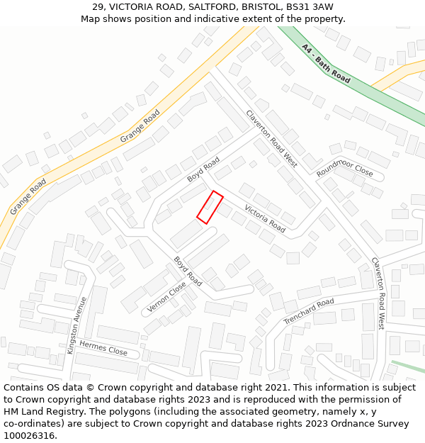 29, VICTORIA ROAD, SALTFORD, BRISTOL, BS31 3AW: Location map and indicative extent of plot