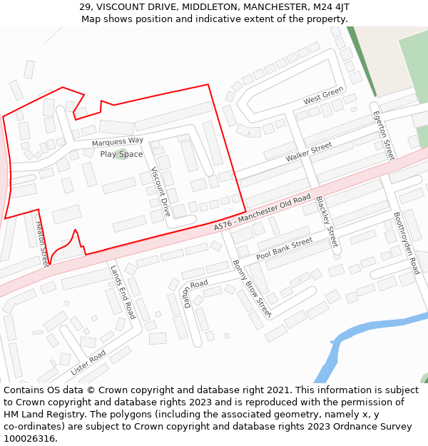 29, VISCOUNT DRIVE, MIDDLETON, MANCHESTER, M24 4JT: Location map and indicative extent of plot