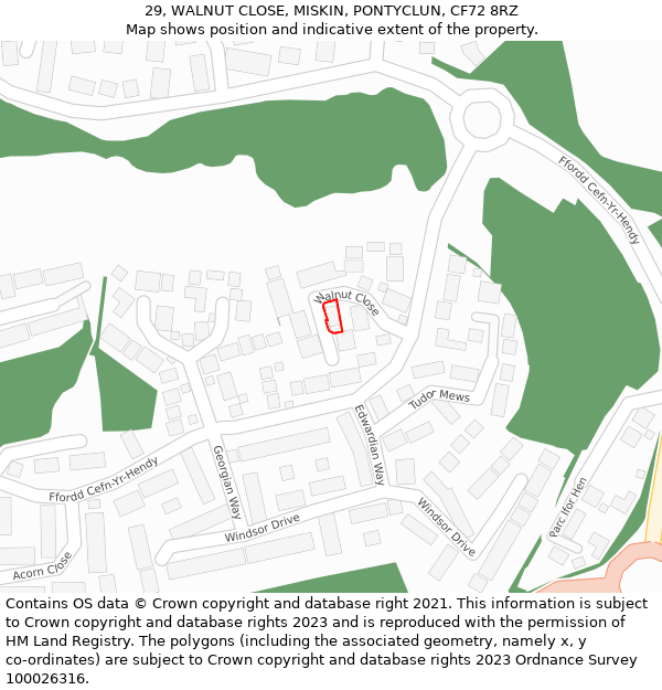 29, WALNUT CLOSE, MISKIN, PONTYCLUN, CF72 8RZ: Location map and indicative extent of plot