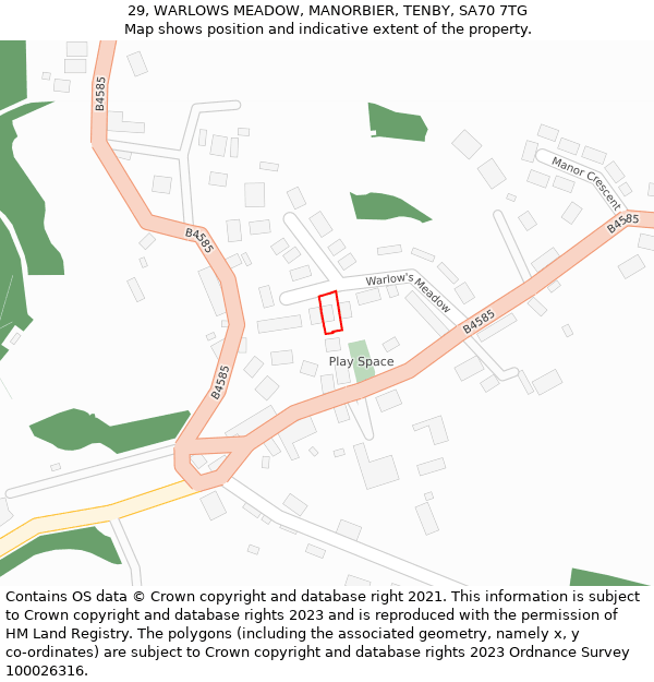 29, WARLOWS MEADOW, MANORBIER, TENBY, SA70 7TG: Location map and indicative extent of plot