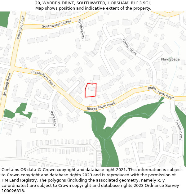 29, WARREN DRIVE, SOUTHWATER, HORSHAM, RH13 9GL: Location map and indicative extent of plot