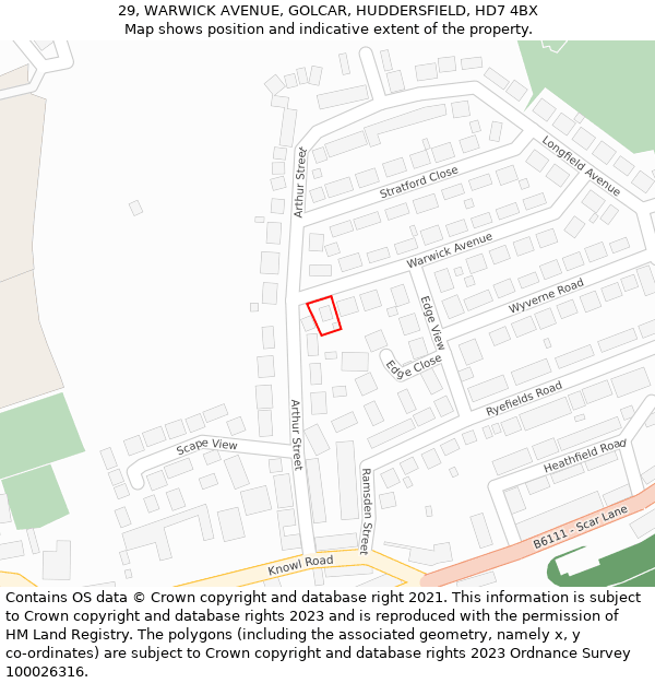 29, WARWICK AVENUE, GOLCAR, HUDDERSFIELD, HD7 4BX: Location map and indicative extent of plot