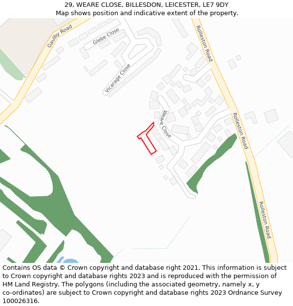 29, WEARE CLOSE, BILLESDON, LEICESTER, LE7 9DY: Location map and indicative extent of plot