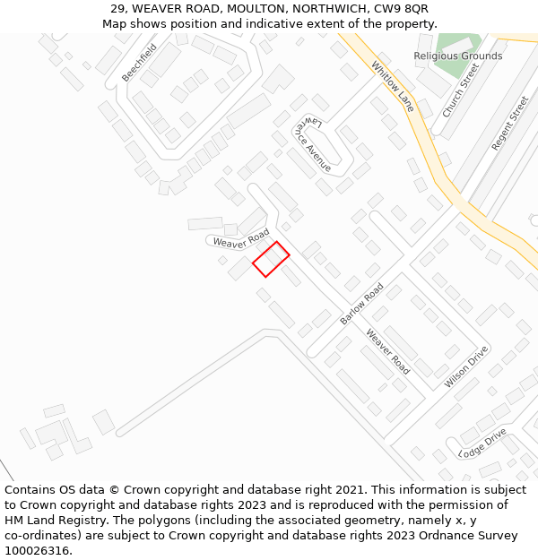 29, WEAVER ROAD, MOULTON, NORTHWICH, CW9 8QR: Location map and indicative extent of plot