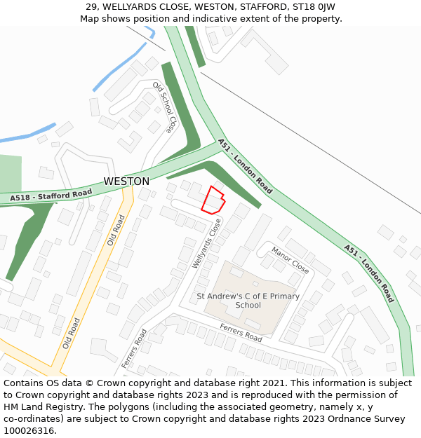 29, WELLYARDS CLOSE, WESTON, STAFFORD, ST18 0JW: Location map and indicative extent of plot