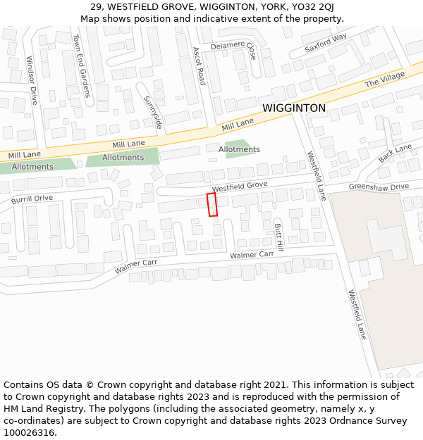 29, WESTFIELD GROVE, WIGGINTON, YORK, YO32 2QJ: Location map and indicative extent of plot