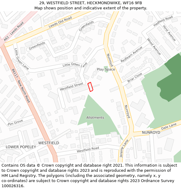 29, WESTFIELD STREET, HECKMONDWIKE, WF16 9FB: Location map and indicative extent of plot
