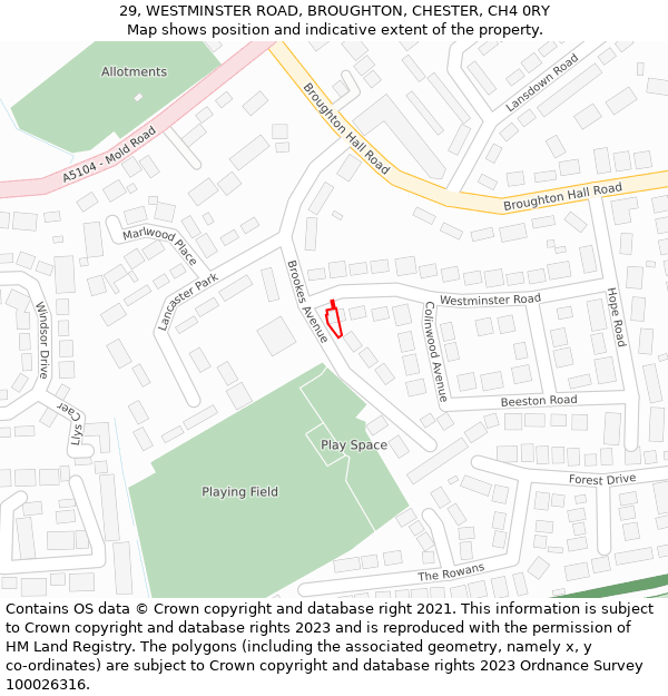 29, WESTMINSTER ROAD, BROUGHTON, CHESTER, CH4 0RY: Location map and indicative extent of plot