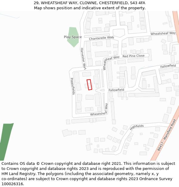 29, WHEATSHEAF WAY, CLOWNE, CHESTERFIELD, S43 4FA: Location map and indicative extent of plot