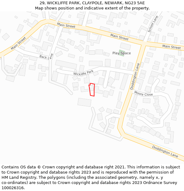 29, WICKLIFFE PARK, CLAYPOLE, NEWARK, NG23 5AE: Location map and indicative extent of plot