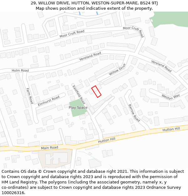 29, WILLOW DRIVE, HUTTON, WESTON-SUPER-MARE, BS24 9TJ: Location map and indicative extent of plot