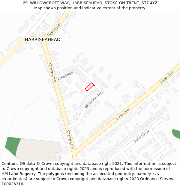 29, WILLOWCROFT WAY, HARRISEAHEAD, STOKE-ON-TRENT, ST7 4YZ: Location map and indicative extent of plot