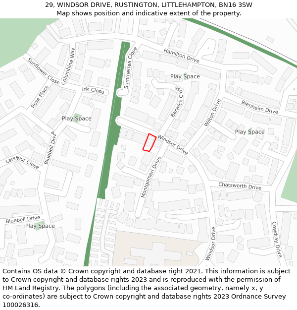 29, WINDSOR DRIVE, RUSTINGTON, LITTLEHAMPTON, BN16 3SW: Location map and indicative extent of plot