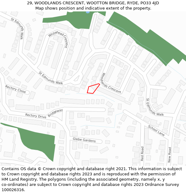 29, WOODLANDS CRESCENT, WOOTTON BRIDGE, RYDE, PO33 4JD: Location map and indicative extent of plot