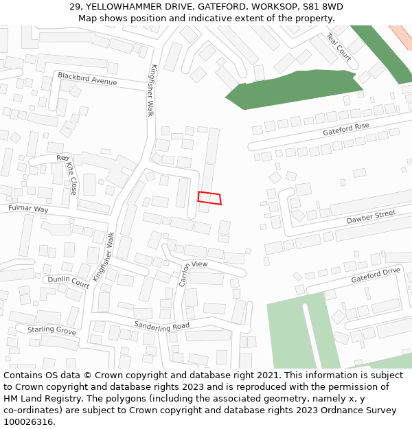 29, YELLOWHAMMER DRIVE, GATEFORD, WORKSOP, S81 8WD: Location map and indicative extent of plot