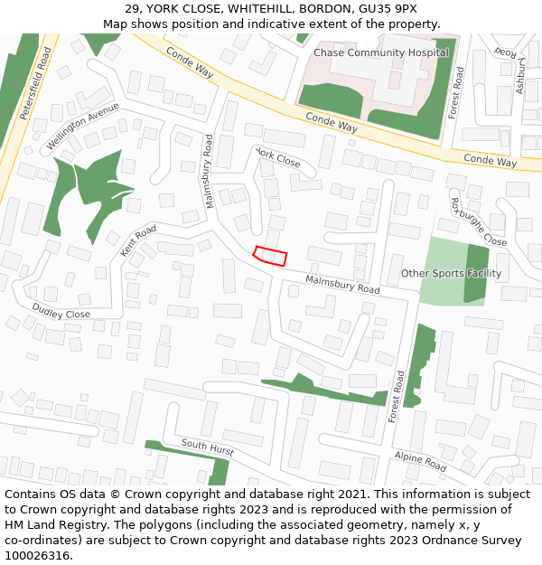 29, YORK CLOSE, WHITEHILL, BORDON, GU35 9PX: Location map and indicative extent of plot