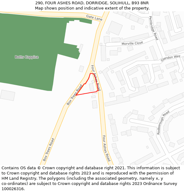 290, FOUR ASHES ROAD, DORRIDGE, SOLIHULL, B93 8NR: Location map and indicative extent of plot