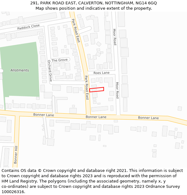 291, PARK ROAD EAST, CALVERTON, NOTTINGHAM, NG14 6GQ: Location map and indicative extent of plot