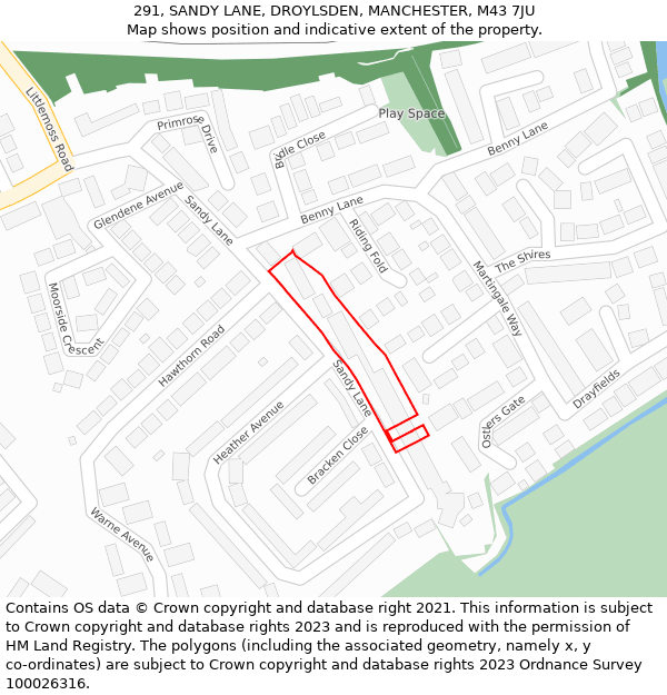 291, SANDY LANE, DROYLSDEN, MANCHESTER, M43 7JU: Location map and indicative extent of plot