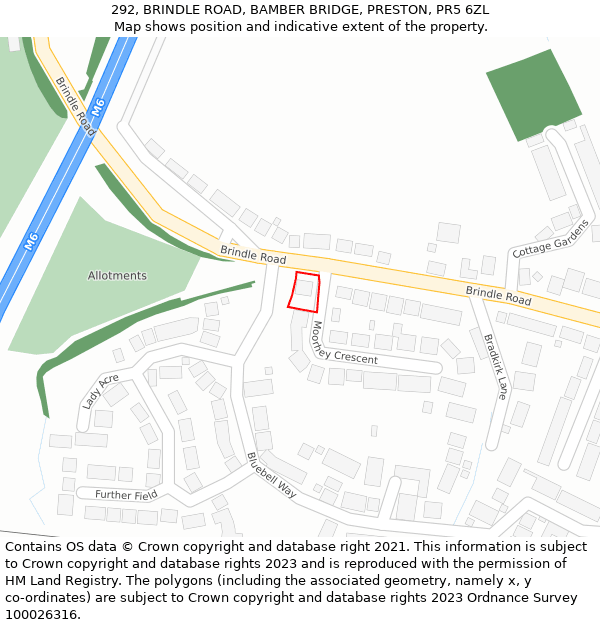 292, BRINDLE ROAD, BAMBER BRIDGE, PRESTON, PR5 6ZL: Location map and indicative extent of plot