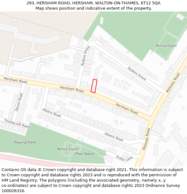 293, HERSHAM ROAD, HERSHAM, WALTON-ON-THAMES, KT12 5QA: Location map and indicative extent of plot