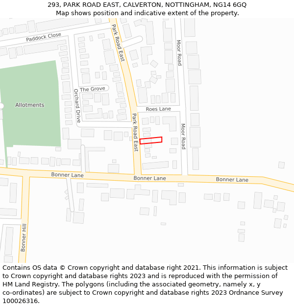 293, PARK ROAD EAST, CALVERTON, NOTTINGHAM, NG14 6GQ: Location map and indicative extent of plot