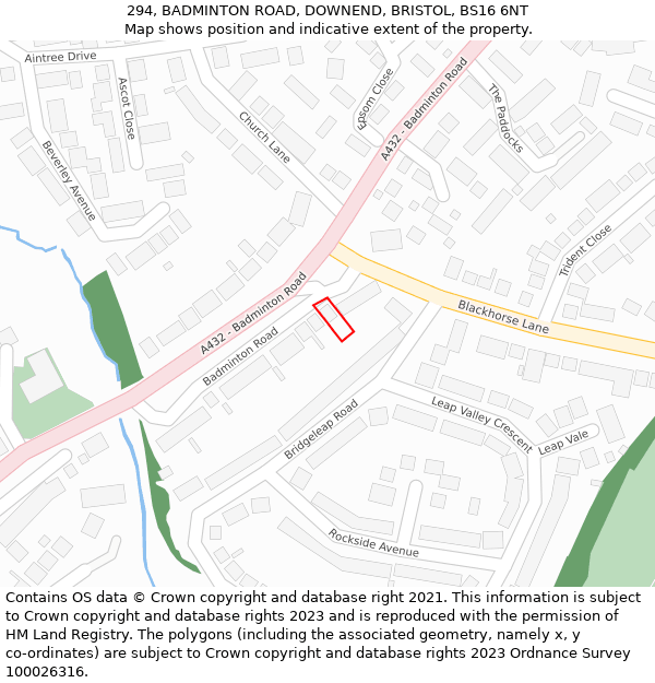 294, BADMINTON ROAD, DOWNEND, BRISTOL, BS16 6NT: Location map and indicative extent of plot