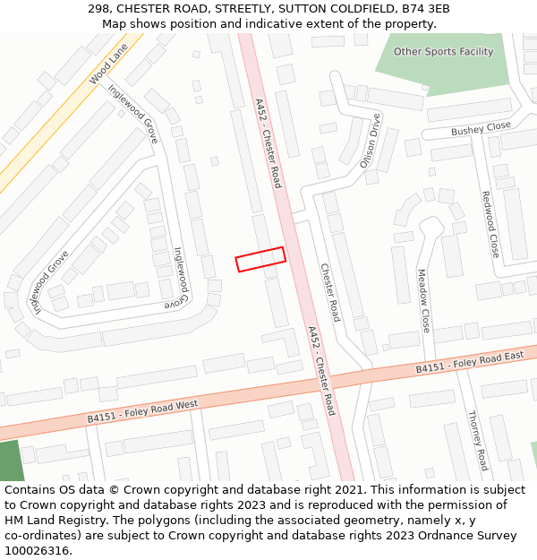 298, CHESTER ROAD, STREETLY, SUTTON COLDFIELD, B74 3EB: Location map and indicative extent of plot