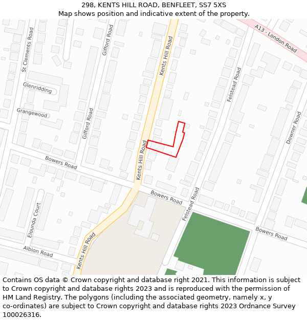 298, KENTS HILL ROAD, BENFLEET, SS7 5XS: Location map and indicative extent of plot