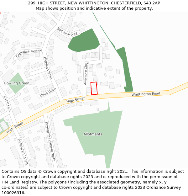 299, HIGH STREET, NEW WHITTINGTON, CHESTERFIELD, S43 2AP: Location map and indicative extent of plot