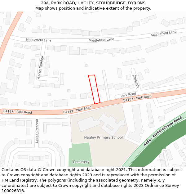 29A, PARK ROAD, HAGLEY, STOURBRIDGE, DY9 0NS: Location map and indicative extent of plot