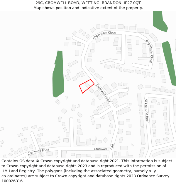 29C, CROMWELL ROAD, WEETING, BRANDON, IP27 0QT: Location map and indicative extent of plot