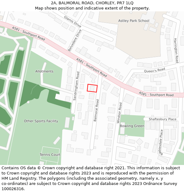 2A, BALMORAL ROAD, CHORLEY, PR7 1LQ: Location map and indicative extent of plot